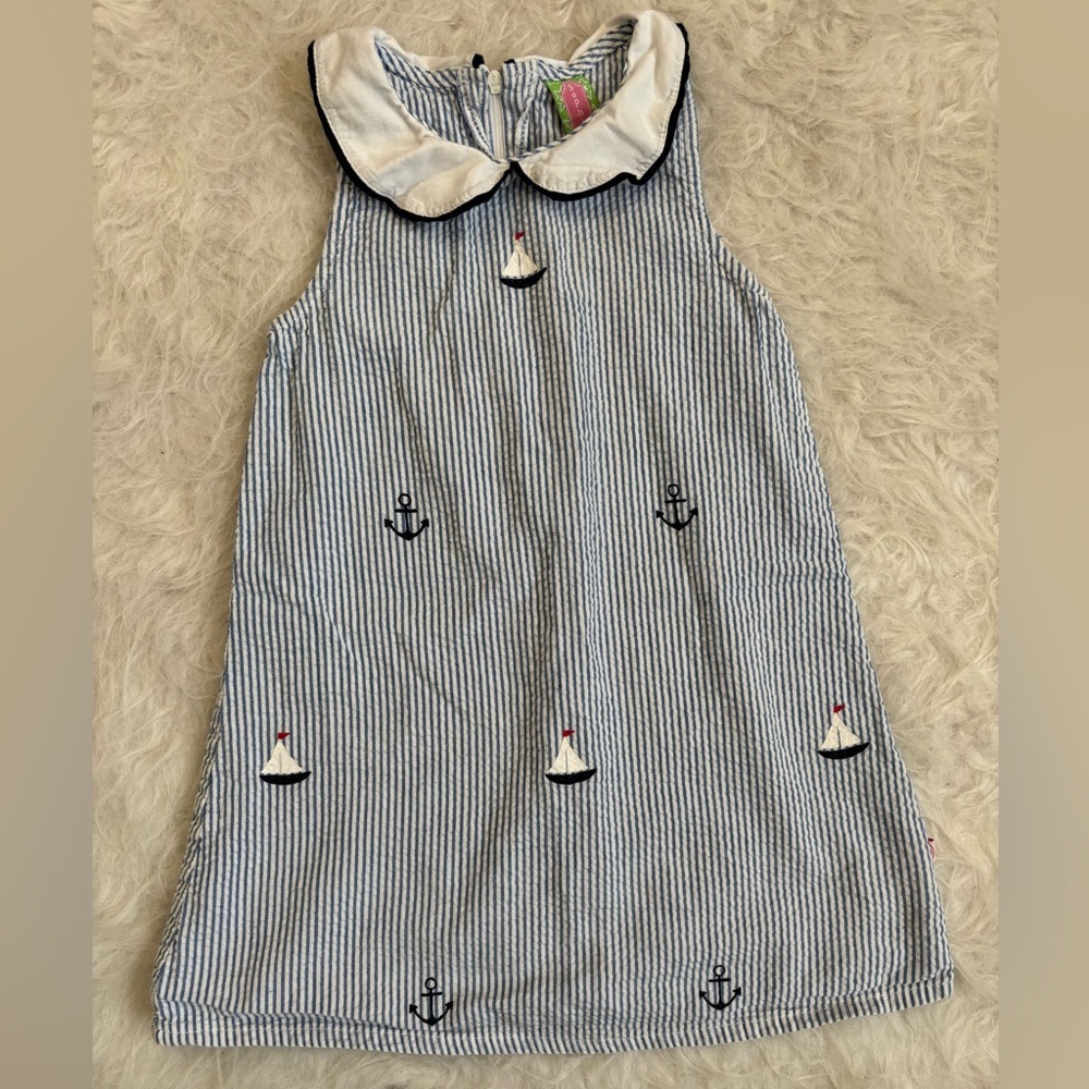 Blue Striped Nautical Embroidered Girls' Dress with White Peter Pan Collar